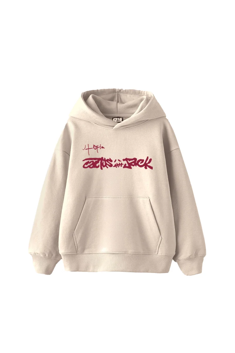 Utopia Cactus Jack Baskılı Oversize Unisex Bej Hoodie