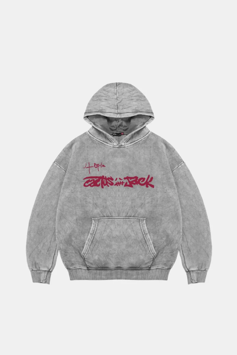 Utopia Cactus Jack Baskılı Oversize Unisex Yıkamalı Beyaz Hoodie