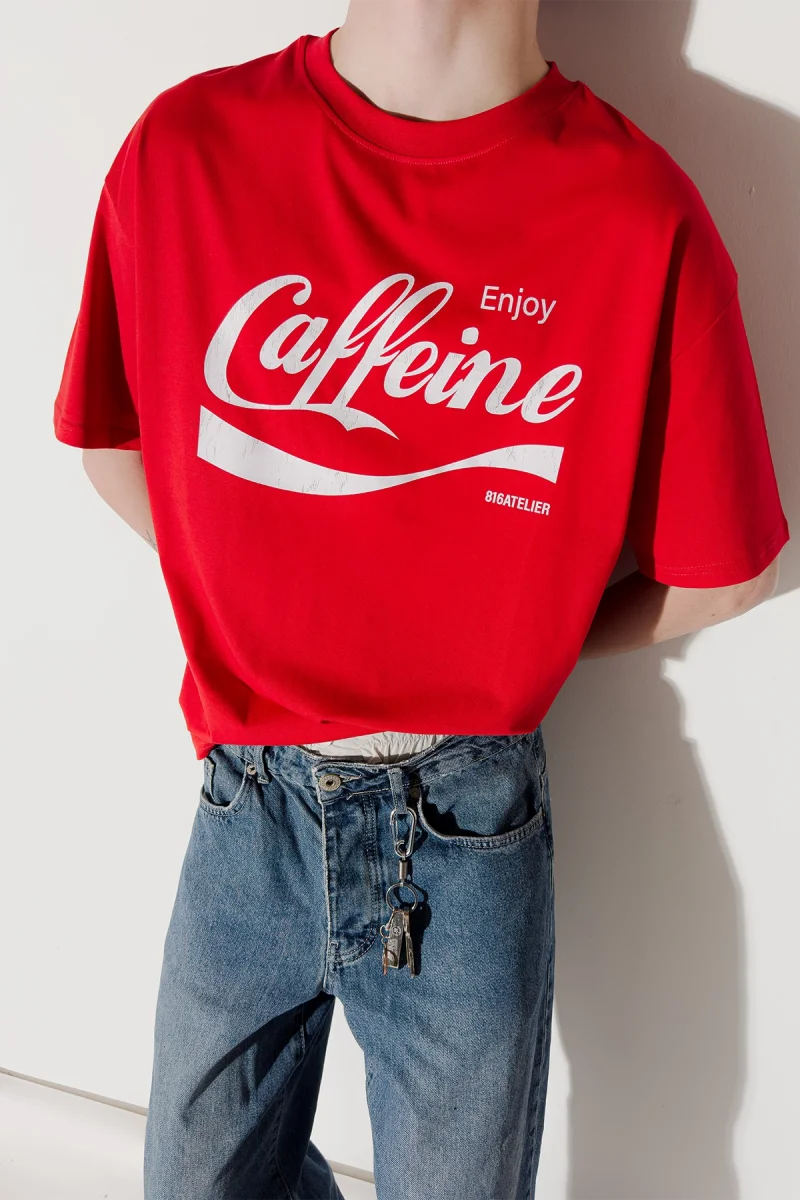 Caffeine Baskılı Oversize Unisex Kırmızı Tshirt