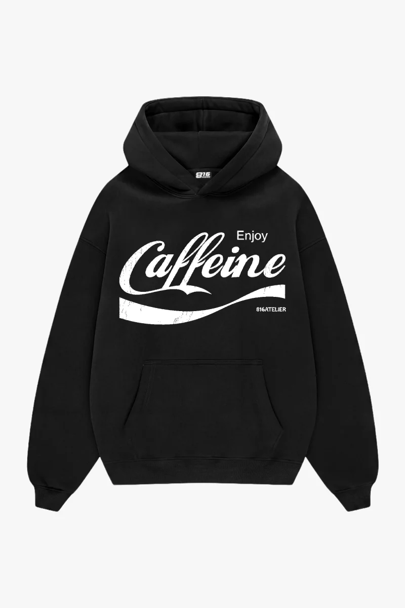 Caffeine Baskılı Oversize Unisex Siyah Hoodie