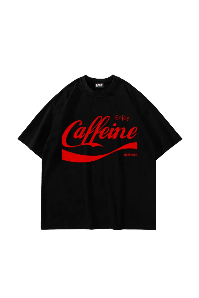 Caffeine Baskılı Oversize Unisex Siyah Tshirt