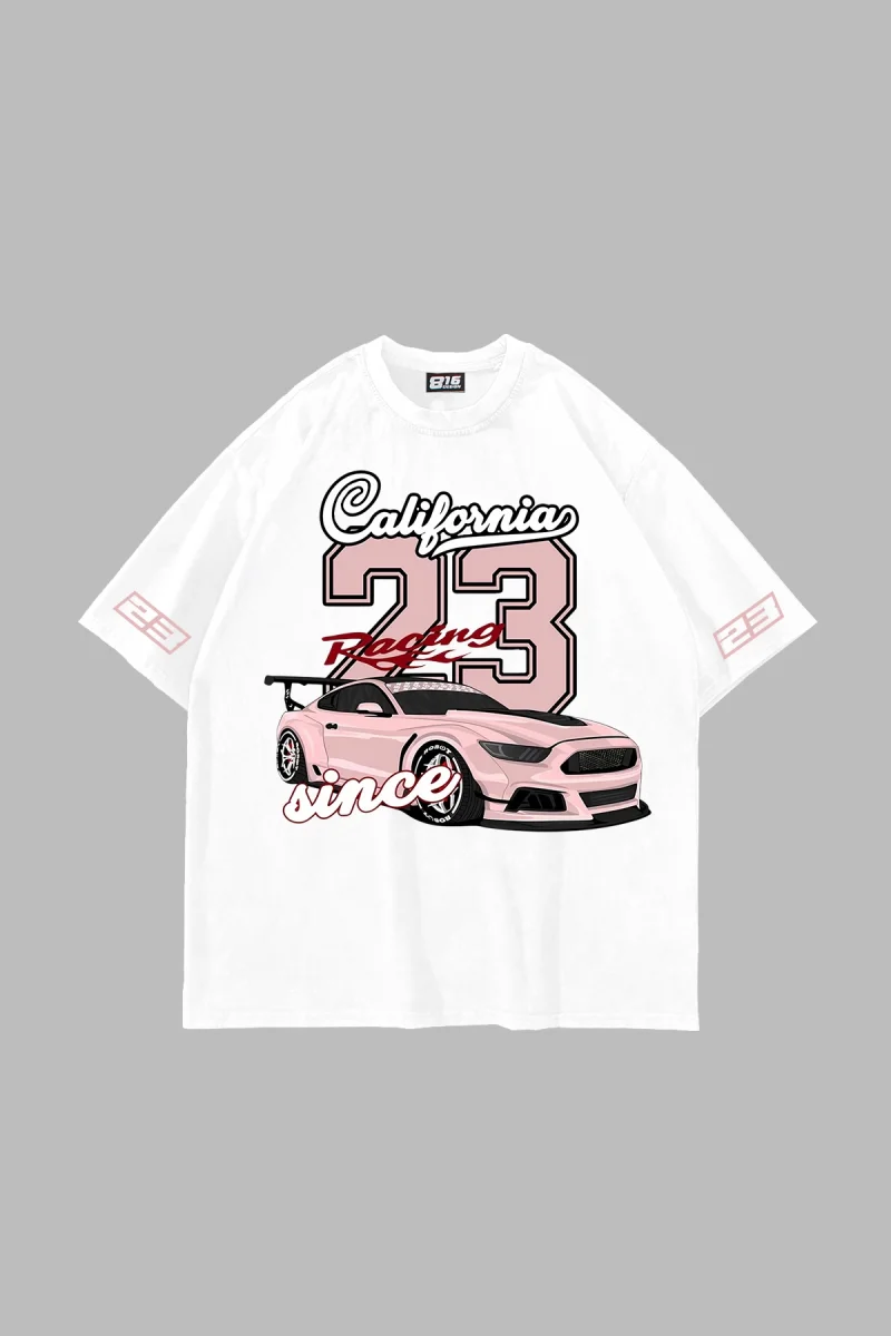 California Racing Baskılı Oversize Unisex Beyaz Tshirt