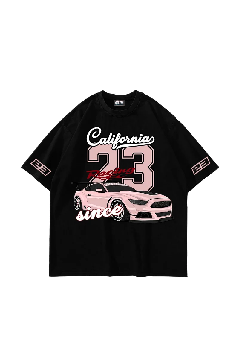 California Racing Baskılı Oversize Unisex Siyah Tshirt