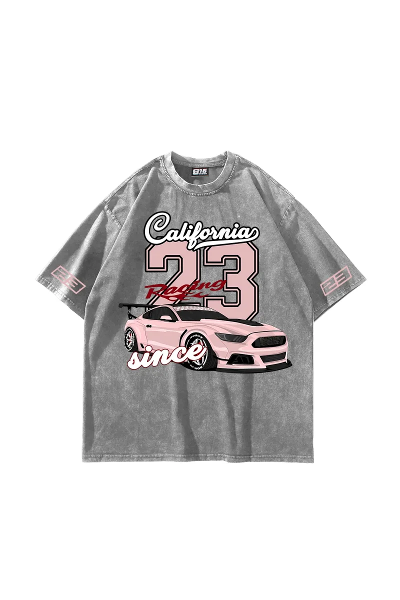 California Racing Baskılı Oversize Unisex Yıkamalı Beyaz Tshirt