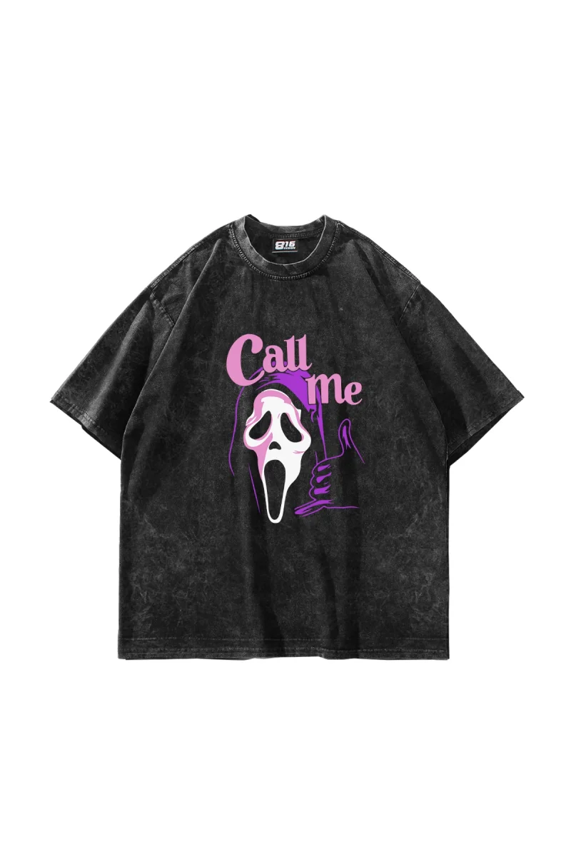 Call Me Baskılı Oversize Unisex Yıkamalı Siyah Tshirt