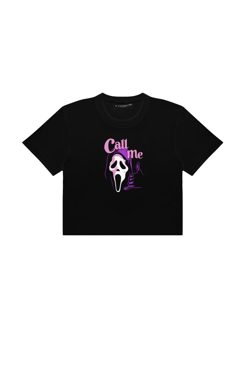Call Me Baskılı Siyah Crop Top