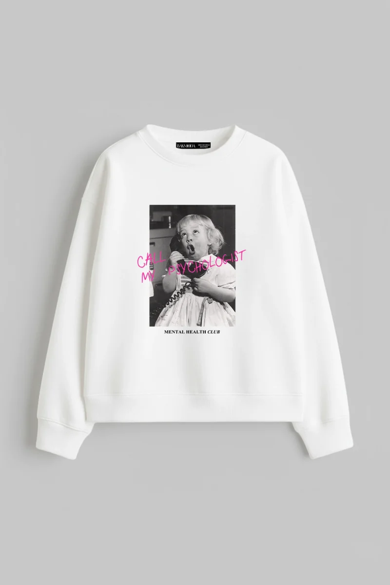 Call My Psychologist Baskılı Kapüşonsuz Relaxed Fit Kadın Beyaz Sweatshirt