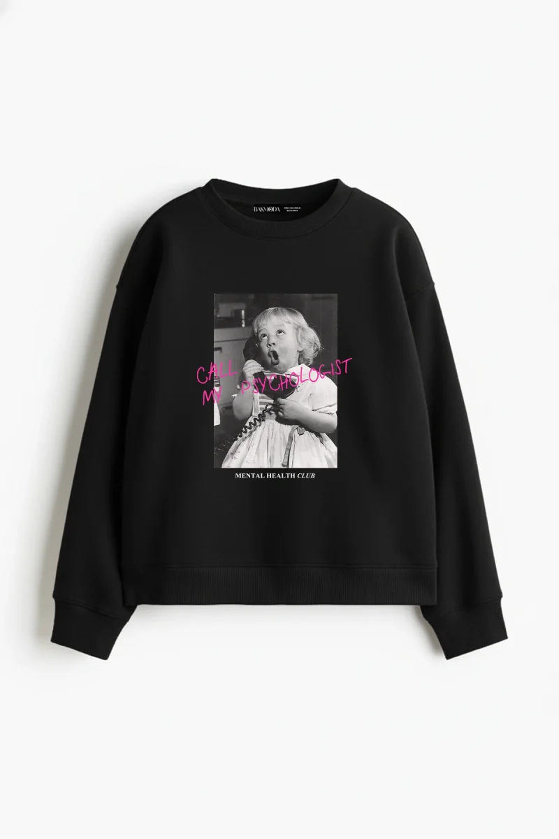 Call My Psychologist Baskılı Kapüşonsuz Relaxed Fit Kadın Siyah Sweatshirt