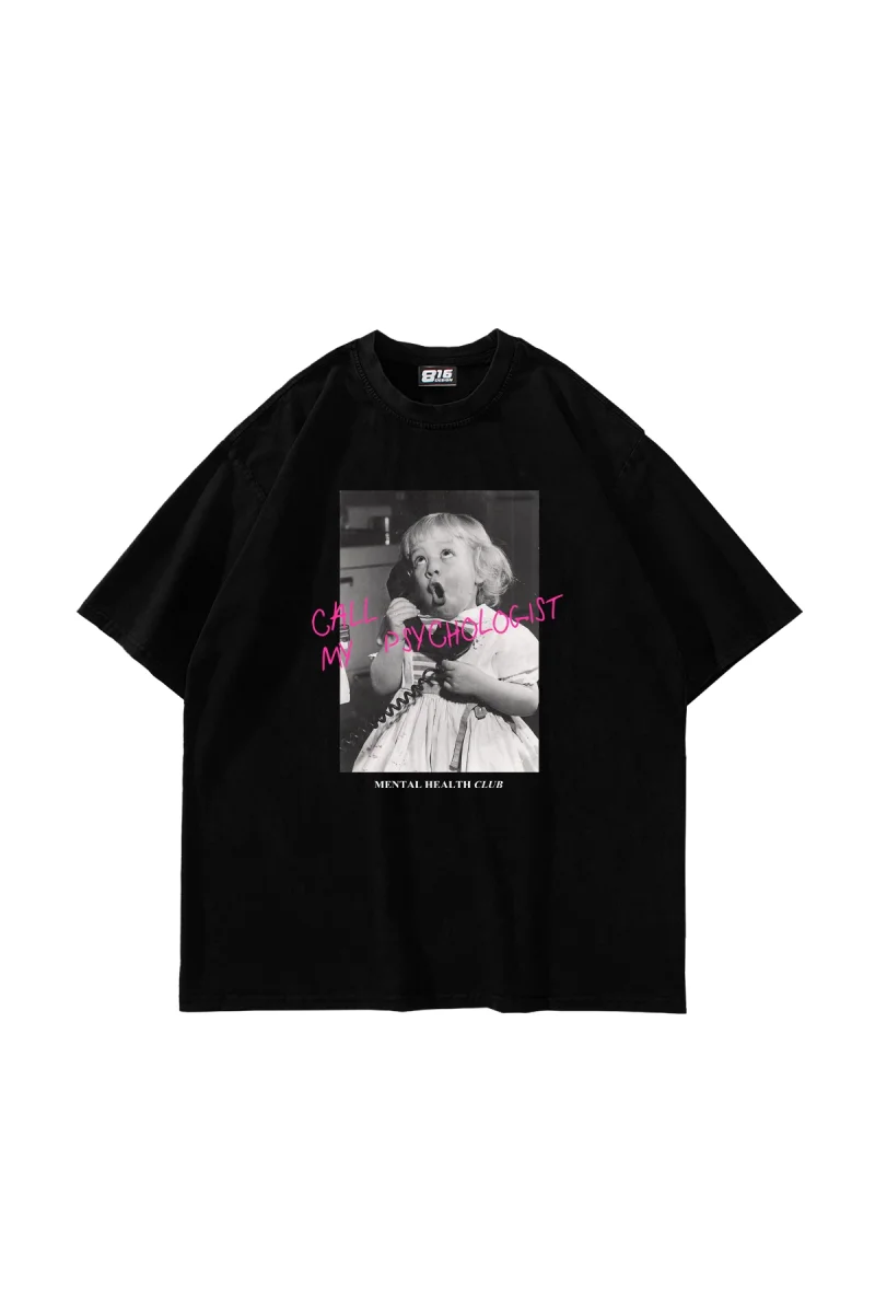 Call My Psychologist Baskılı Oversize Unisex Siyah Tshirt