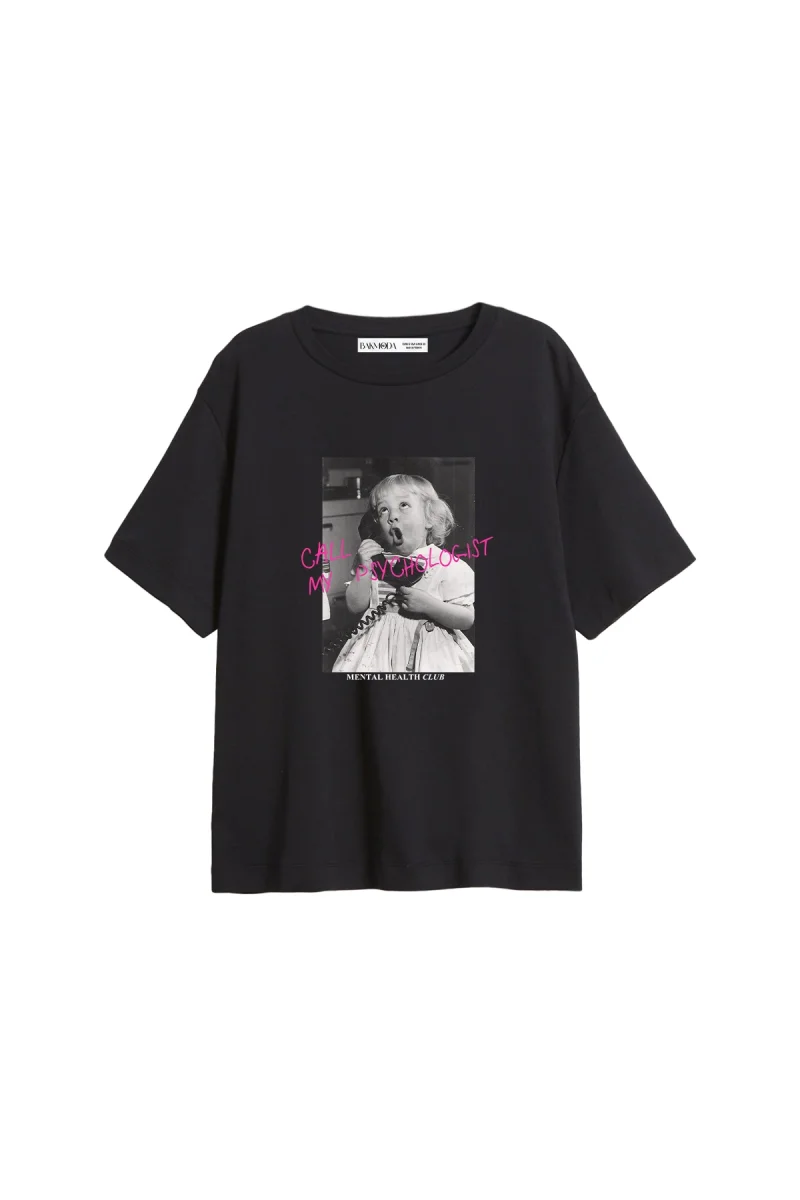 Call My Psychologist Baskılı Relaxed Fit Siyah Kadın Tshirt