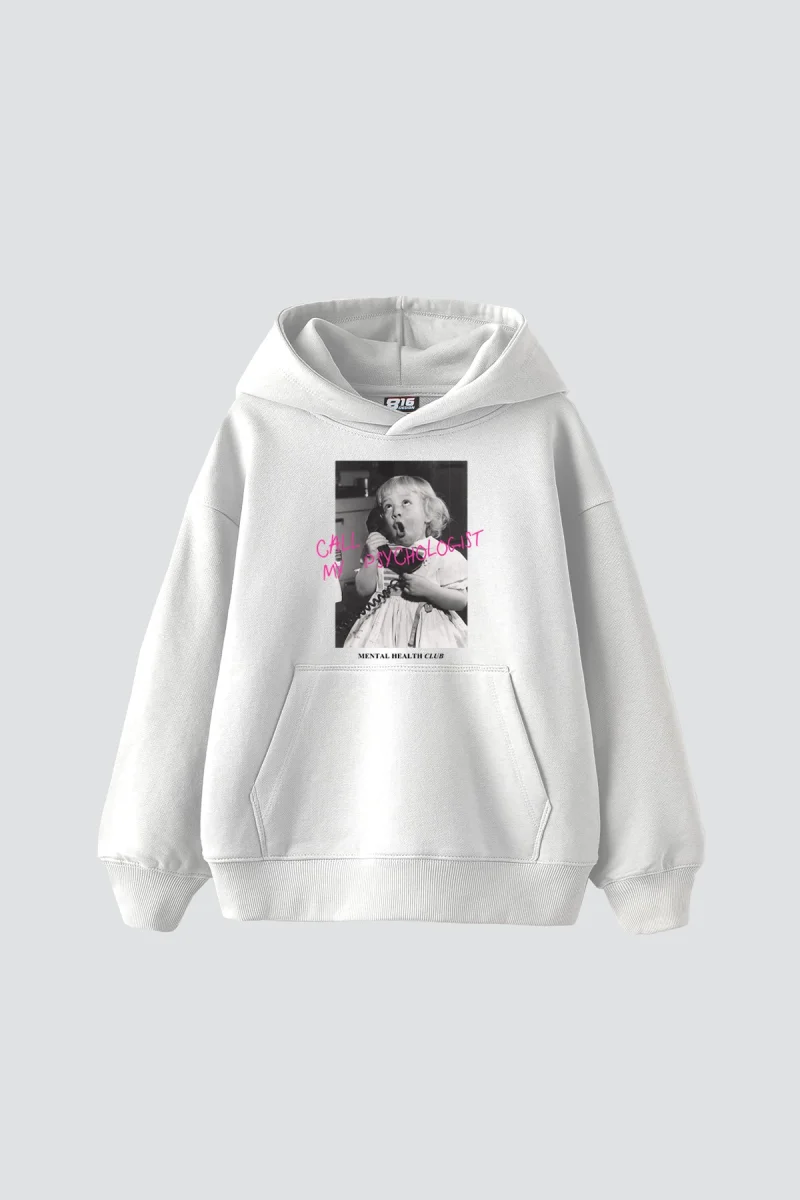 Call My Psychologist Vintage Baskılı Oversize Unisex Beyaz Hoodie