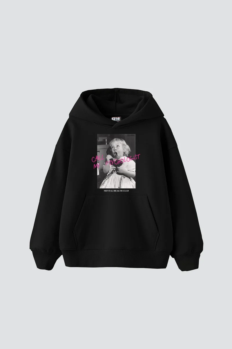 Call My Psychologist Vintage Baskılı Oversize Unisex Siyah Hoodie