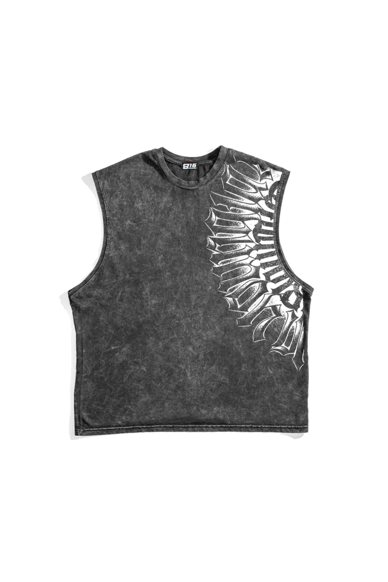 Calligraphy Gotik Baskılı Yıkamalı Siyah Sıfır Kol Tshirt
