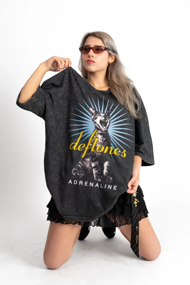 Cat Adrenaline Baskılı Yıkamalı Siyah Oversize Unisex Tshirt