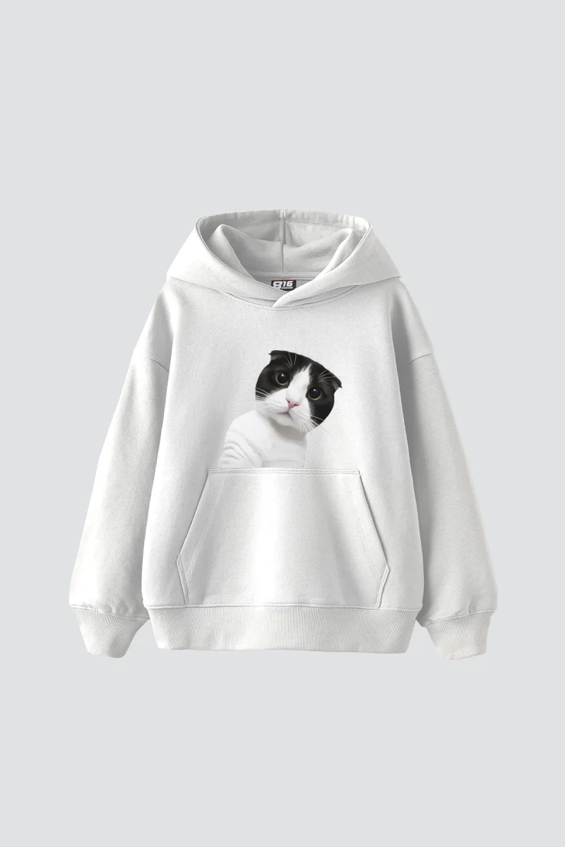 Cat Jeykıp Baskılı Oversize Unisex Beyaz Hoodie