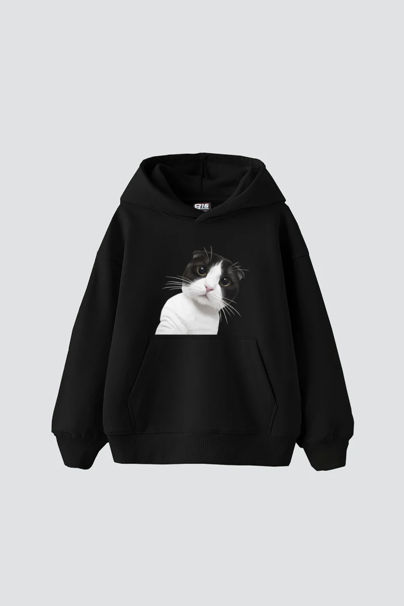 Cat Jeykıp Baskılı Oversize Unisex Siyah Hoodie