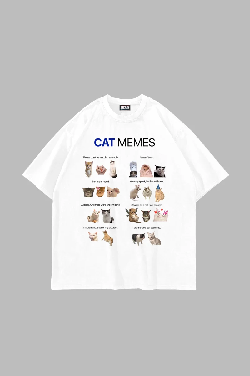 Cat Memes Baskılı Oversize Unisex Beyaz Tshirt