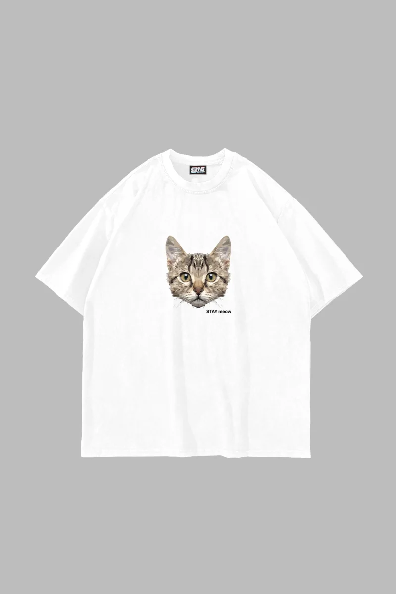 Cat Stay Meow Baskılı Oversize Unisex Beyaz Tshirt