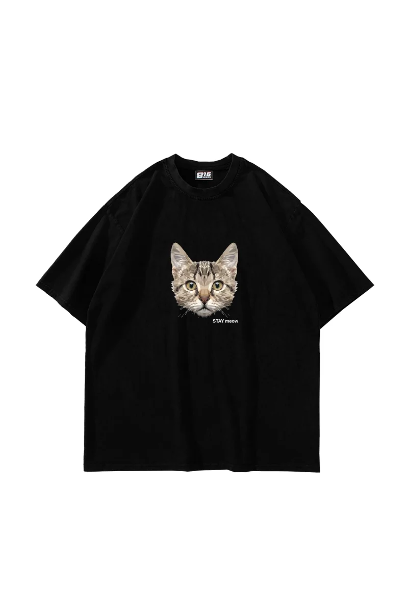 Cat Stay Meow Baskılı Oversize Unisex Siyah Tshirt
