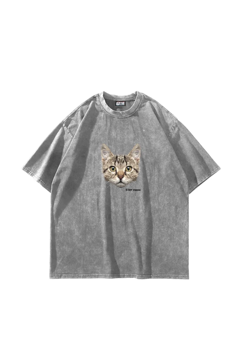 Cat Stay Meow Baskılı Oversize Unisex Yıkamalı Beyaz Tshirt
