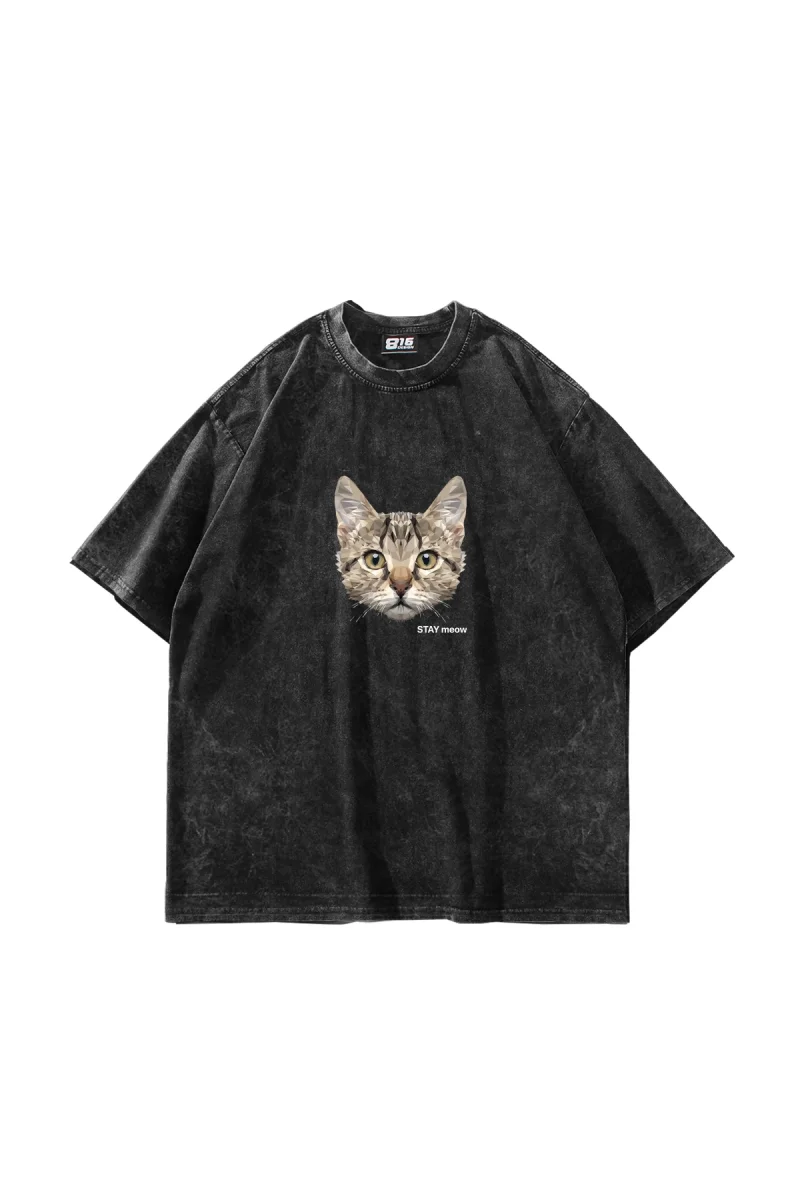 Cat Stay Meow Baskılı Oversize Unisex Yıkamalı Siyah Tshirt