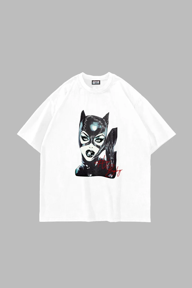 Cat Woman Baskılı Oversize Unisex Beyaz Tshirt