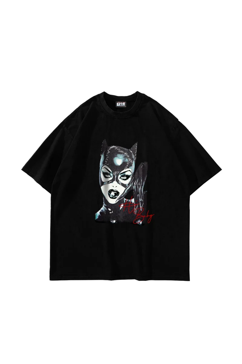 Cat Woman Baskılı Oversize Unisex Siyah Tshirt