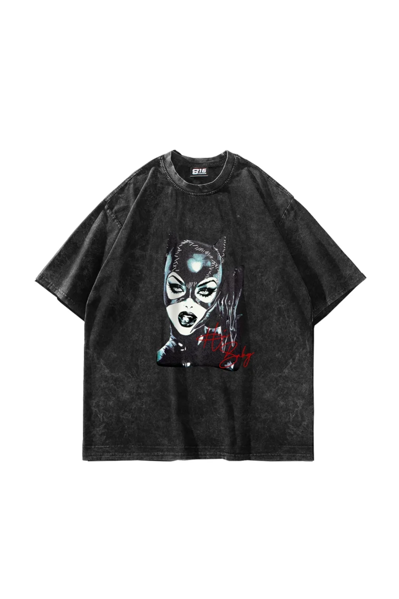 Cat Woman Baskılı Oversize Unisex Yıkamalı Siyah Tshirt