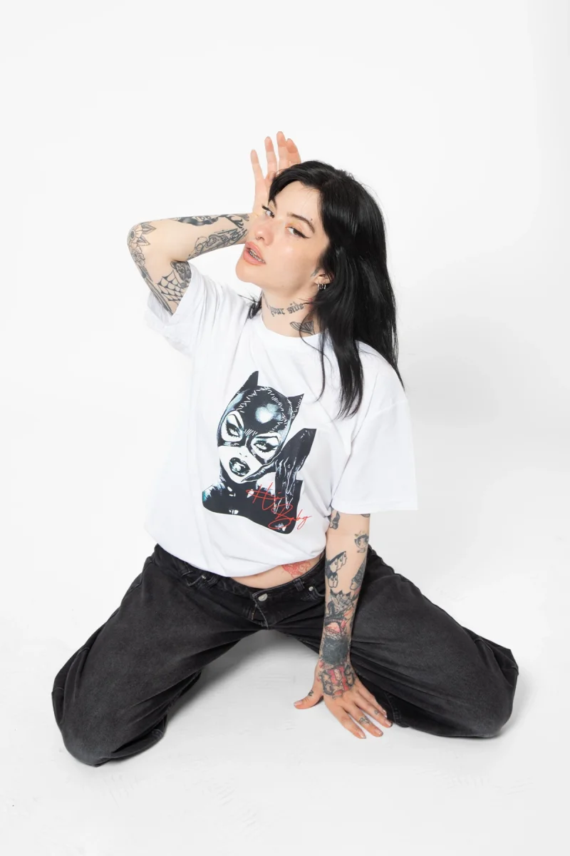 Cat Woman Baskılı Relaxed Fit Beyaz Kadın Tshirt