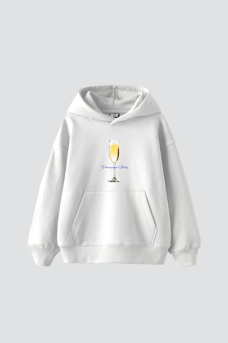 Champagne B. Baskılı Oversize Unisex Premium Beyaz Hoodie