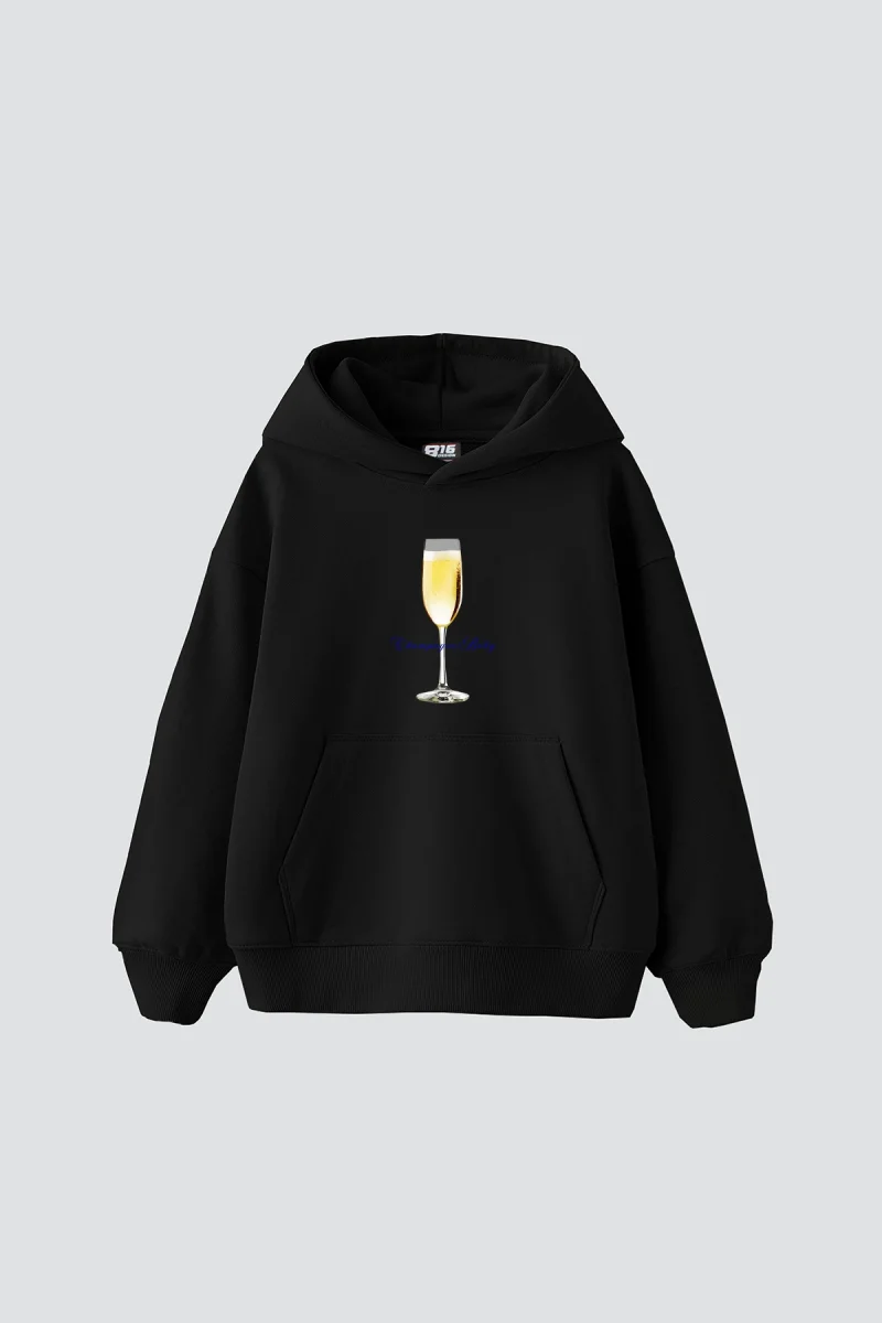 Champagne B. Baskılı Oversize Unisex Premium Siyah Hoodie