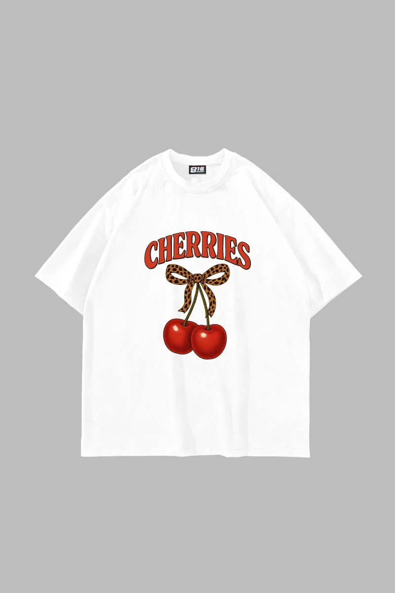 Cherries Baskılı Oversize Unisex Beyaz Tshirt