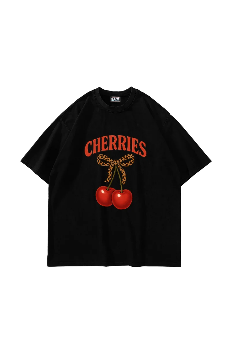 Cherries Baskılı Oversize Unisex Siyah Tshirt