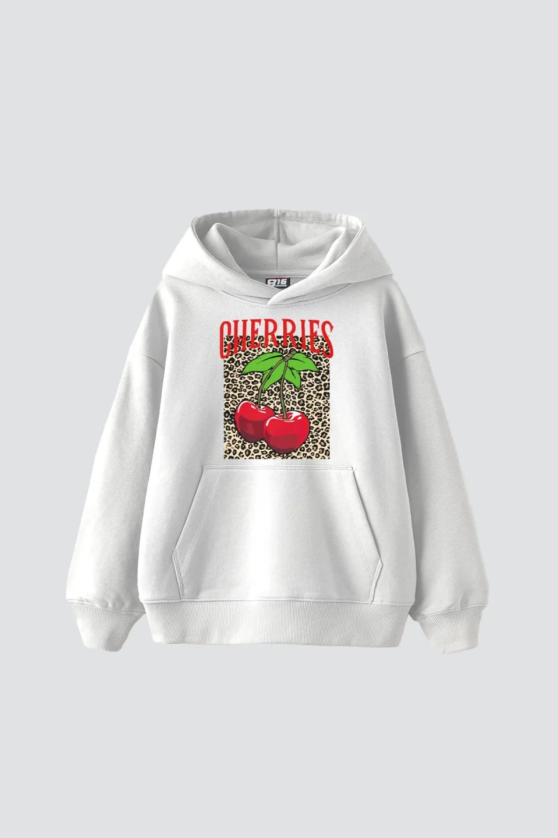 Cherries Leopard Baskılı Oversize Unisex Beyaz Hoodie