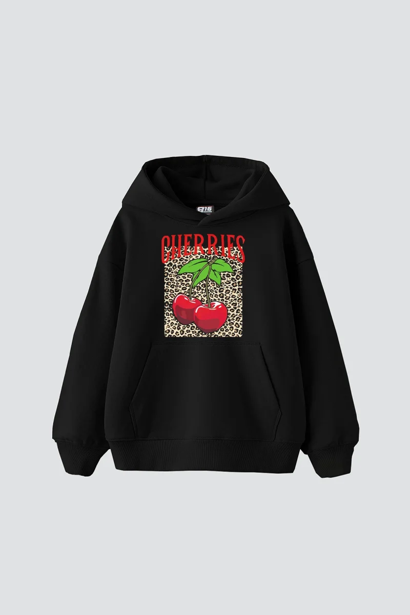 Cherries Leopard Baskılı Oversize Unisex Siyah Hoodie