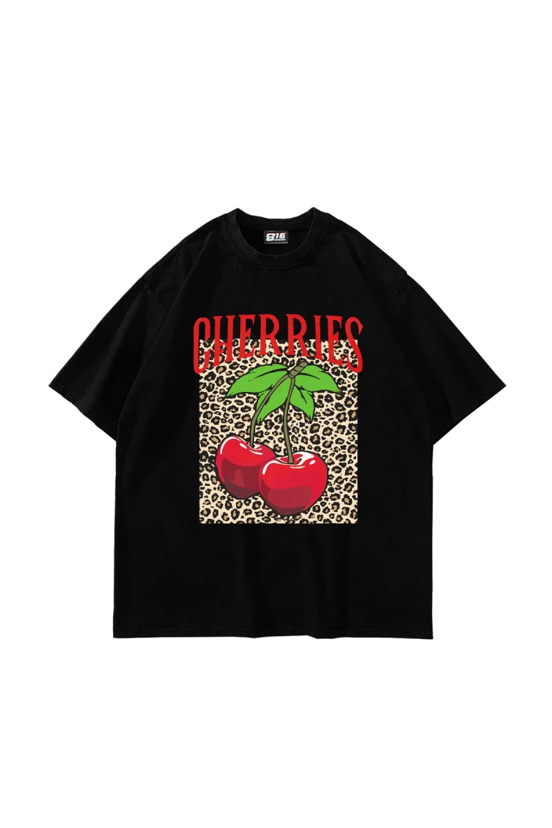 Cherries Leopard Baskılı Oversize Unisex Siyah Tshirt