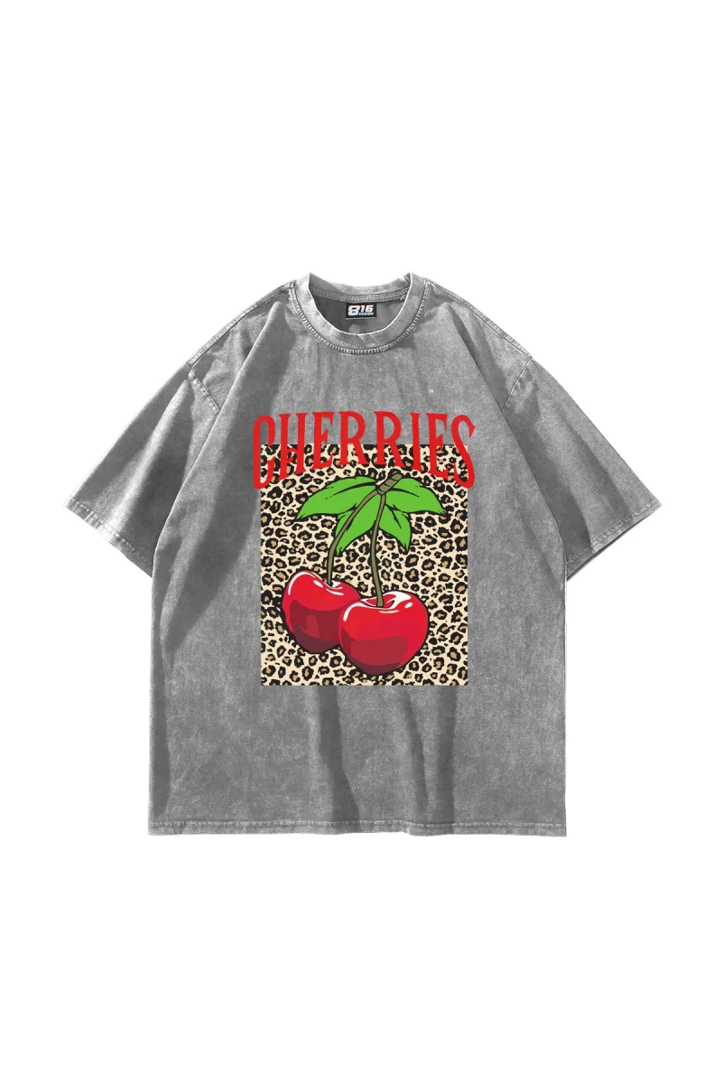 Cherries Leopard Baskılı Oversize Unisex Yıkamalı Beyaz Tshirt