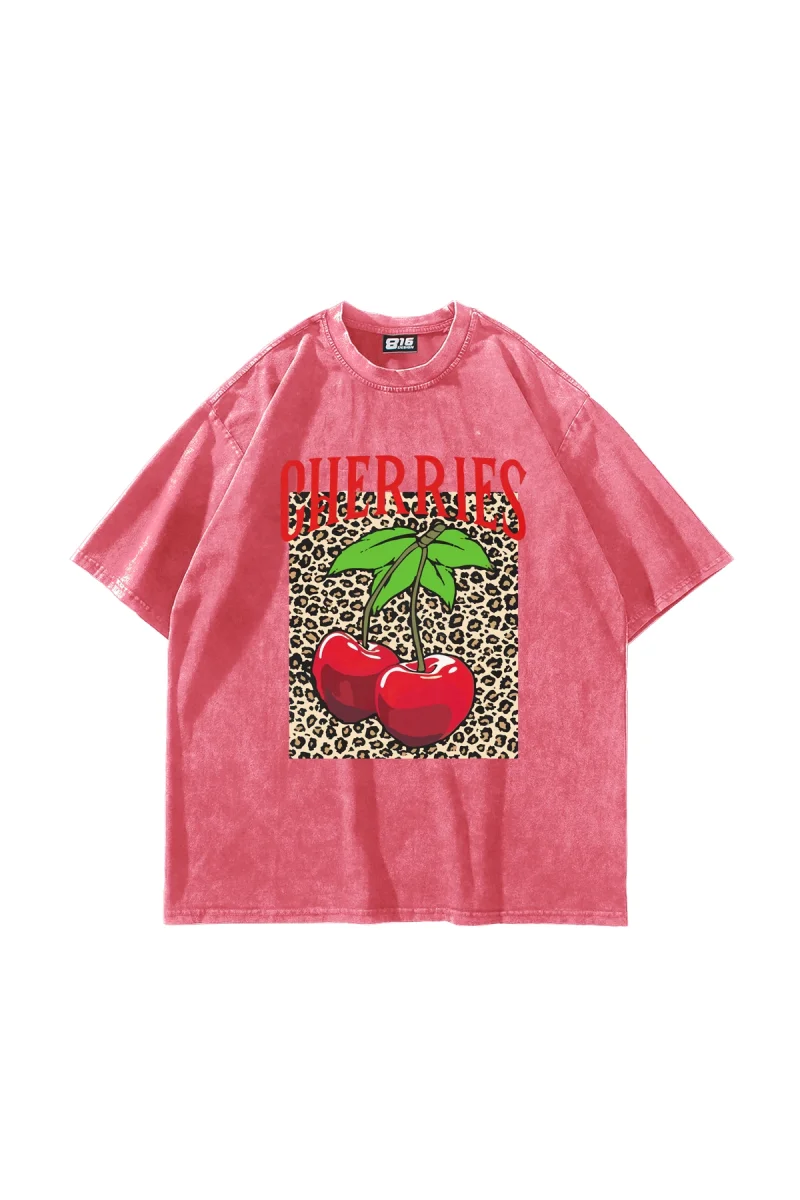 Cherries Leopard Baskılı Oversize Unisex Yıkamalı Pembe Tshirt