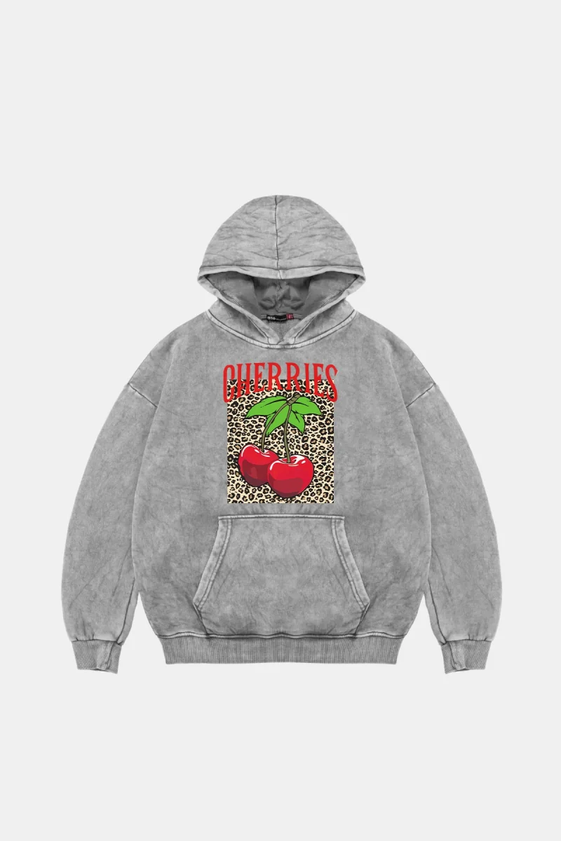 Cherries Leopard Oversize Unisex Yıkamalı Beyaz Hoodie
