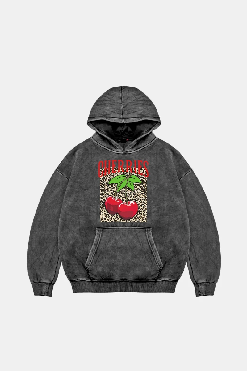 Cherries Leopard Oversize Unisex Yıkamalı Siyah Hoodie