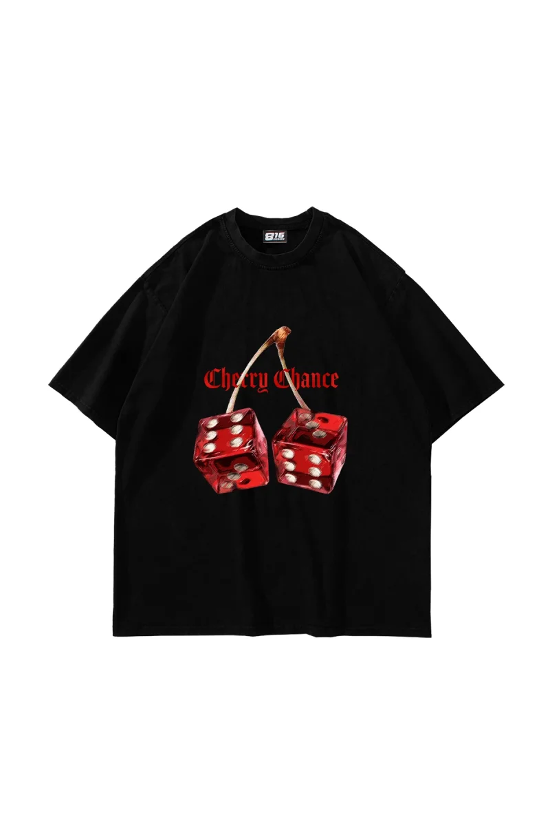 Cherry Chance Baskılı Oversize Unisex Siyah Tshirt