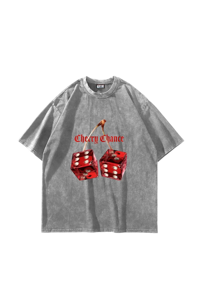 Cherry Chance Baskılı Oversize Unisex Yıkamalı Beyaz Tshirt