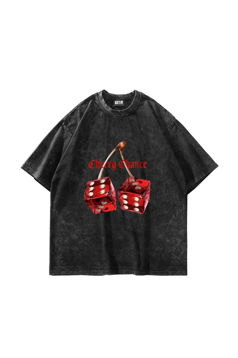 Cherry Chance Baskılı Oversize Unisex Yıkamalı Siyah Tshirt
