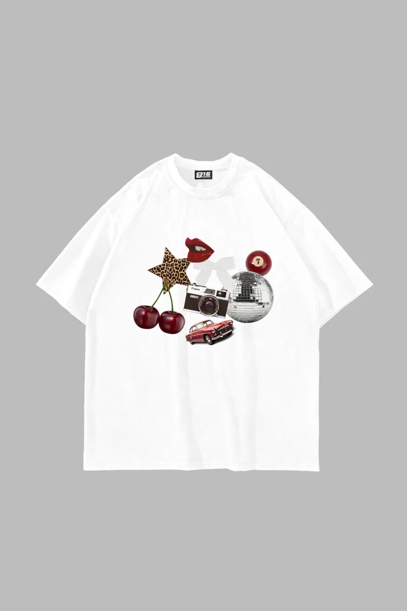 Cherry & Disco Vibes Baskılı Oversize Unisex Beyaz Tshirt