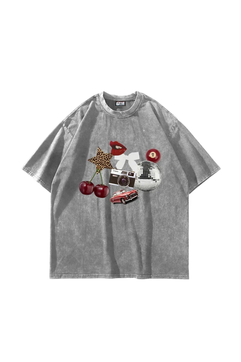 Cherry & Disco Vibes Baskılı Oversize Unisex Yıkamalı Beyaz Tshirt