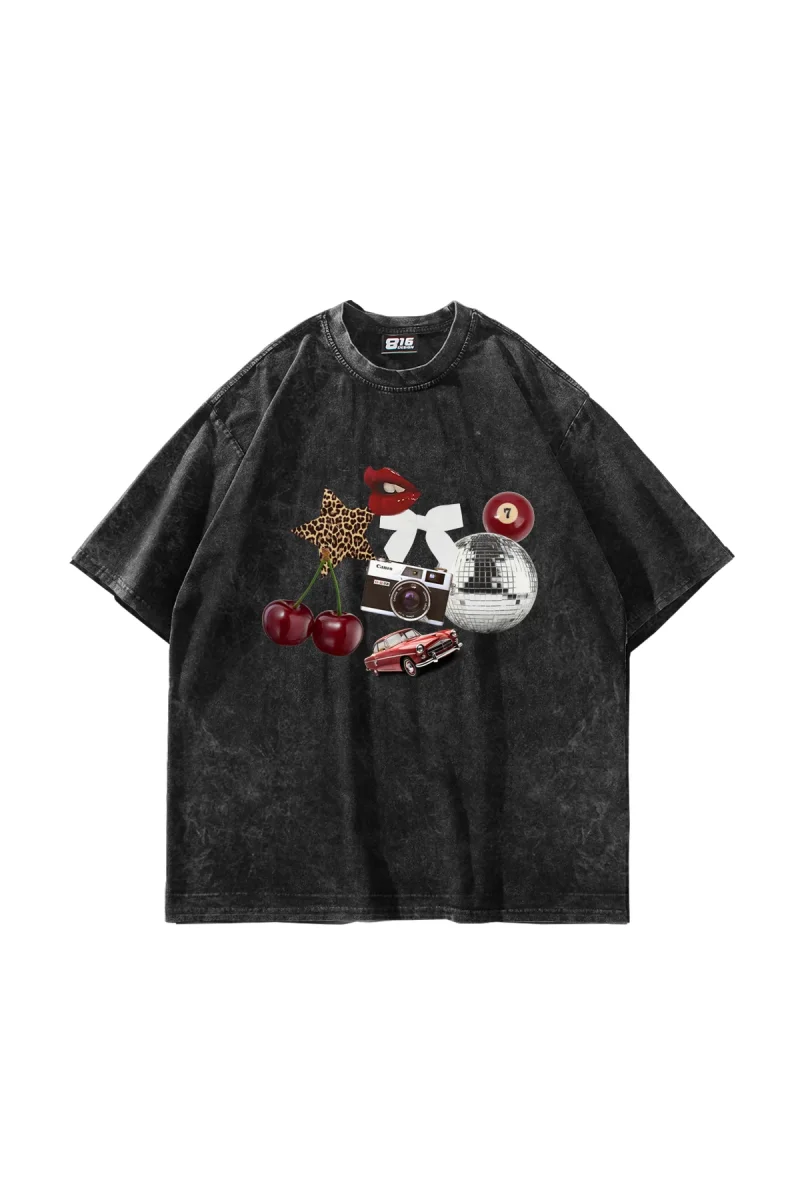 Cherry & Disco Vibes Baskılı Oversize Unisex Yıkamalı Siyah Tshirt