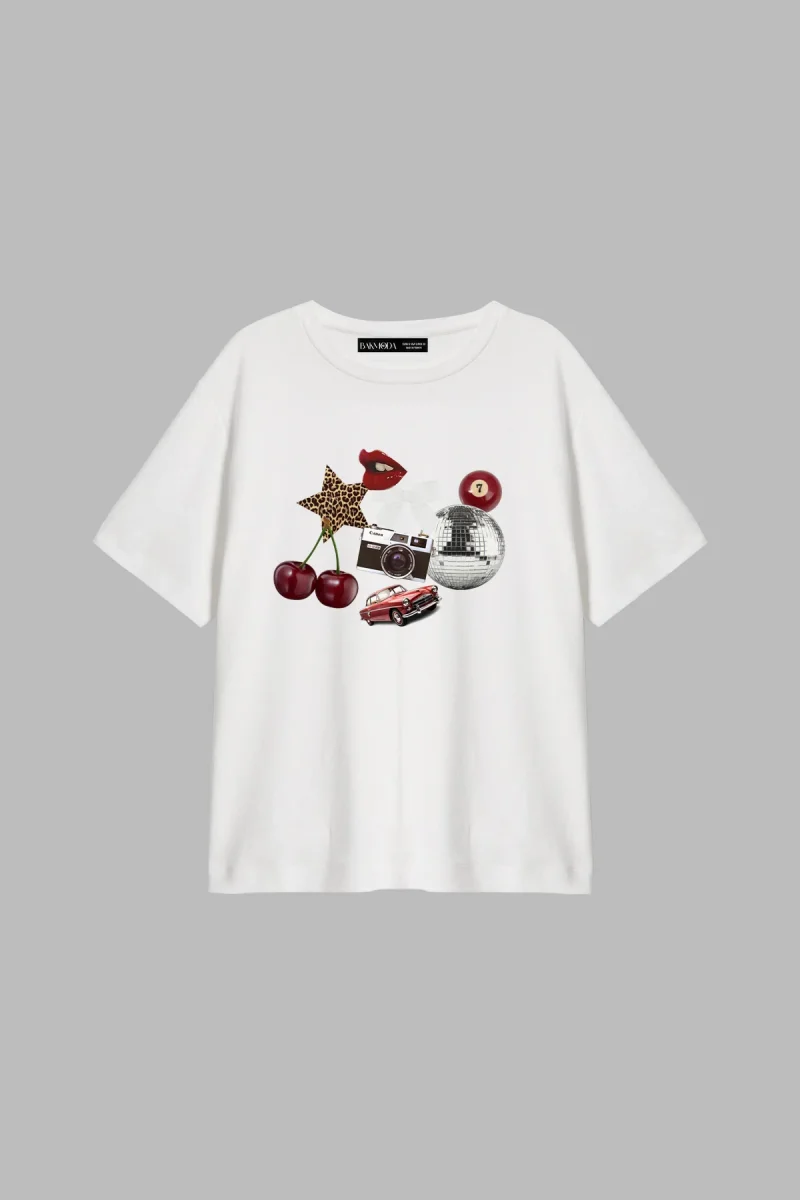 Cherry & Disco Vibes Baskılı Relaxed Fit Beyaz Kadın Tshirt