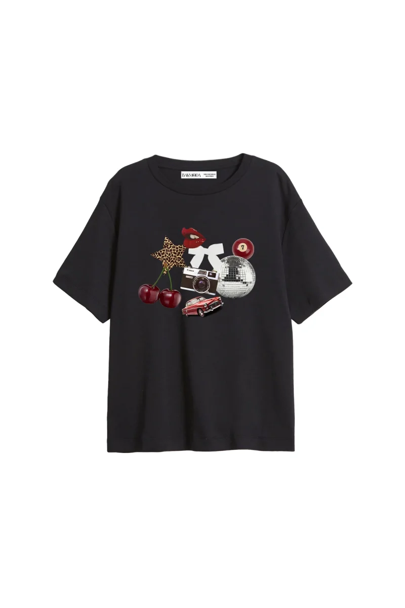 Cherry & Disco Vibes Baskılı Relaxed Fit Siyah Kadın Tshirt