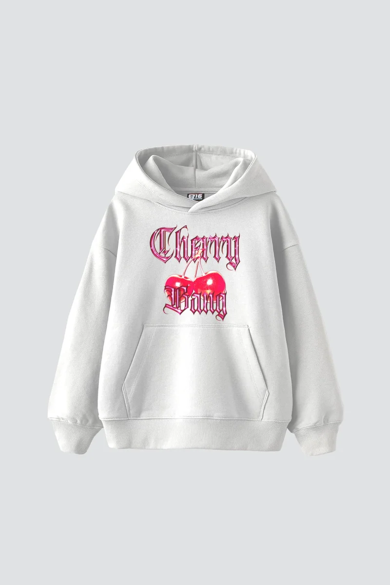 Cherry Gang Baskılı Oversize Unisex Beyaz Hoodie