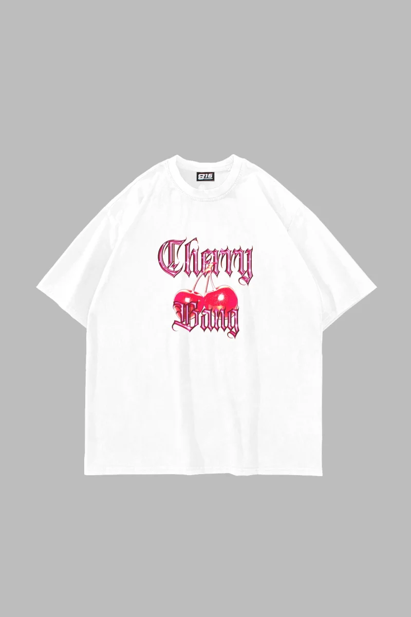 Cherry Gang Baskılı Oversize Unisex Beyaz Tshirt